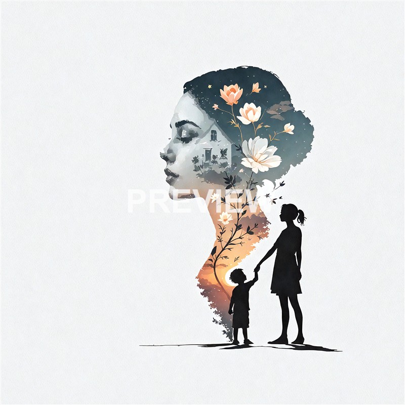 A double exposure illustration featuring a woman's profile with her hair blending into a night sky filled with flowers and a small house, while a silhouette of a woman holding a child's hand stands in front of it.